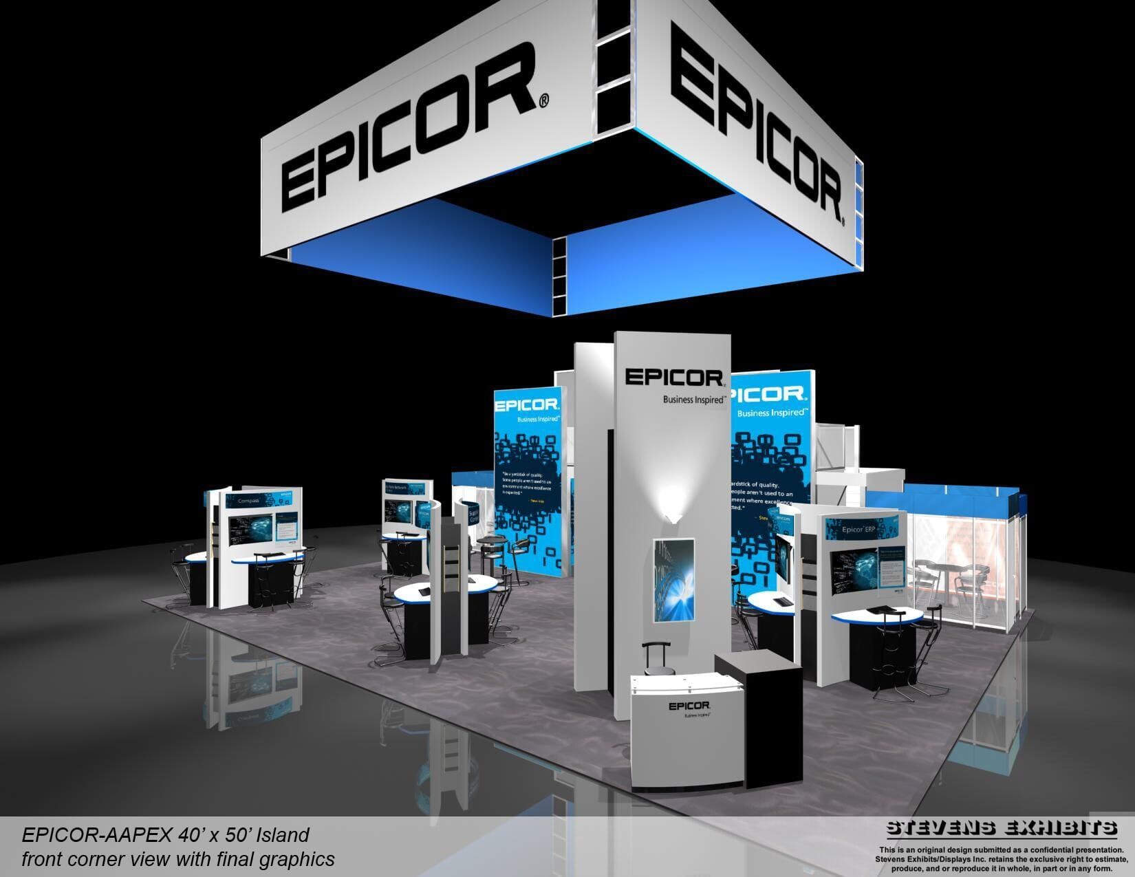 Trade show booth with Epicor branding. Displays, overhead sign, blue and white colors, dark setting.
