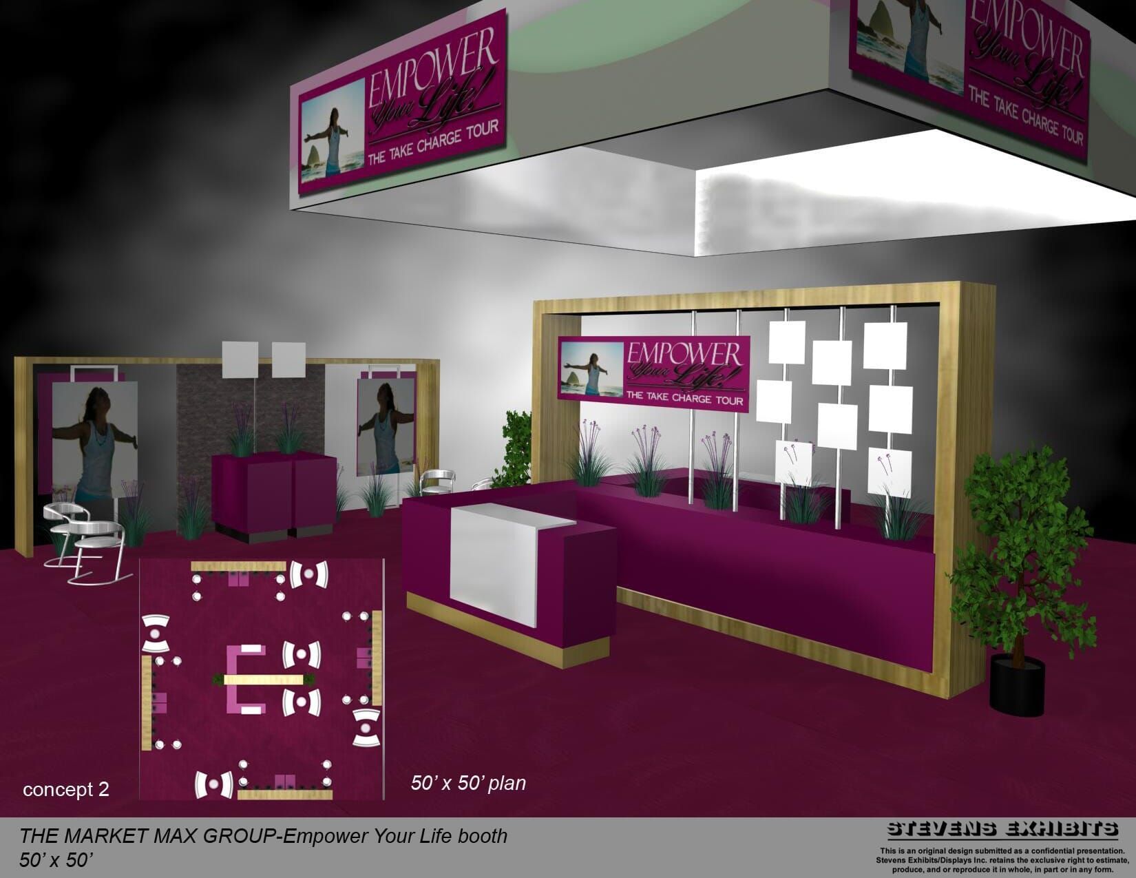 Trade show booth design with purple and white accents; mockups with plant and logo details.