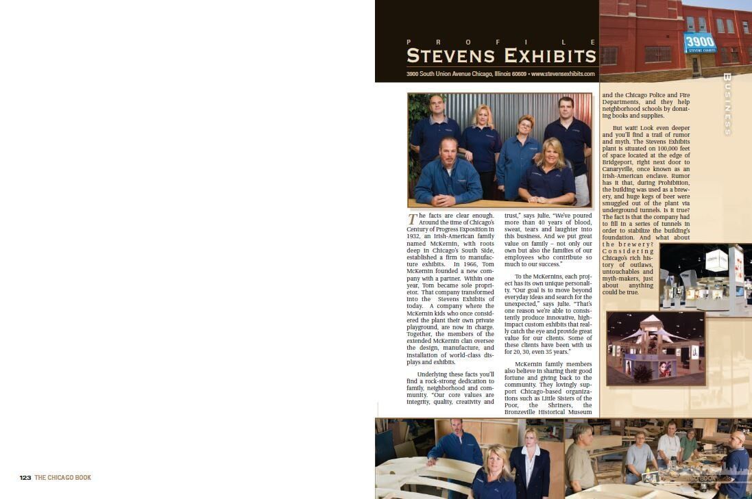 Group photo of Stevens Exhibits staff in front of a table; news articles and event photos.