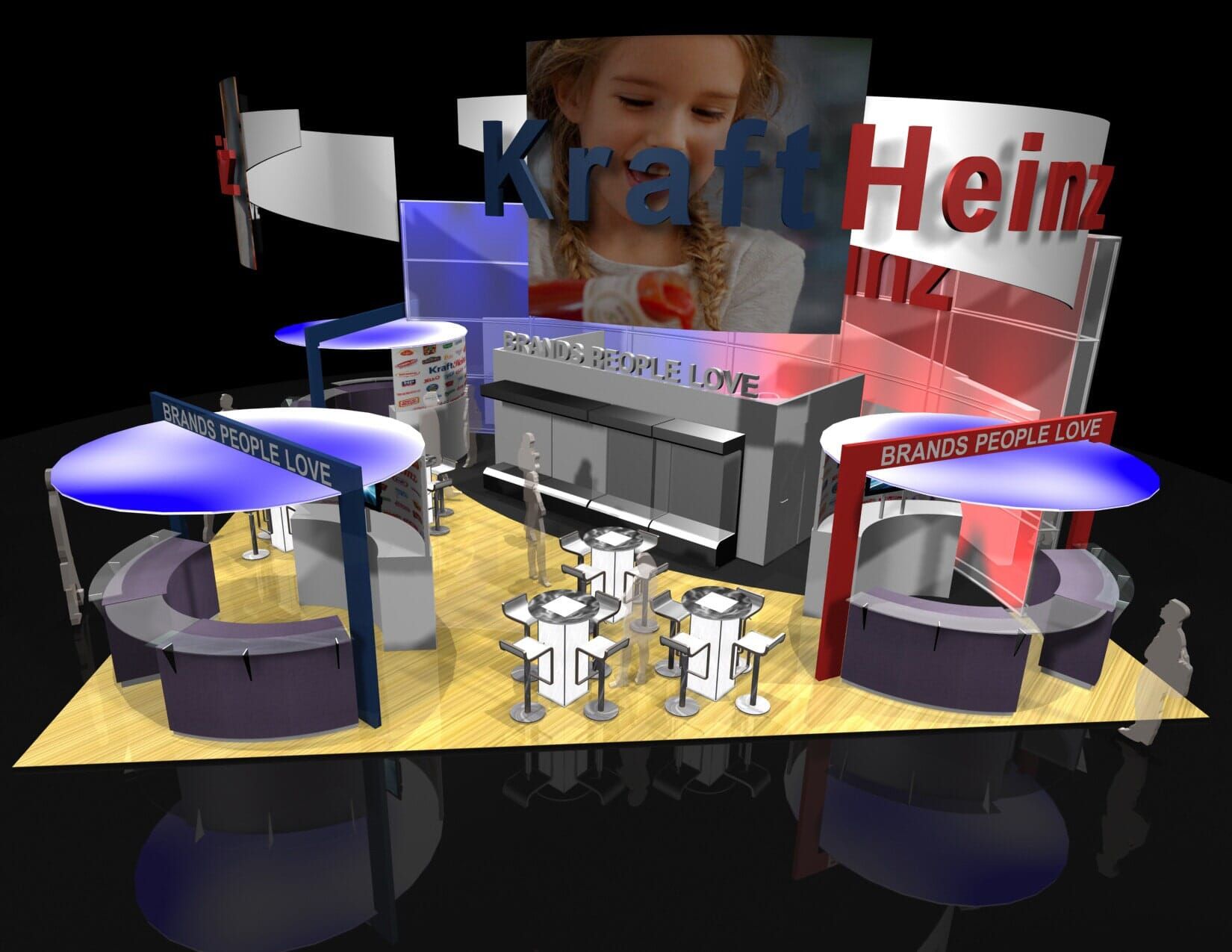 3D rendering of a Kraft Heinz booth, with product displays and seating areas.
