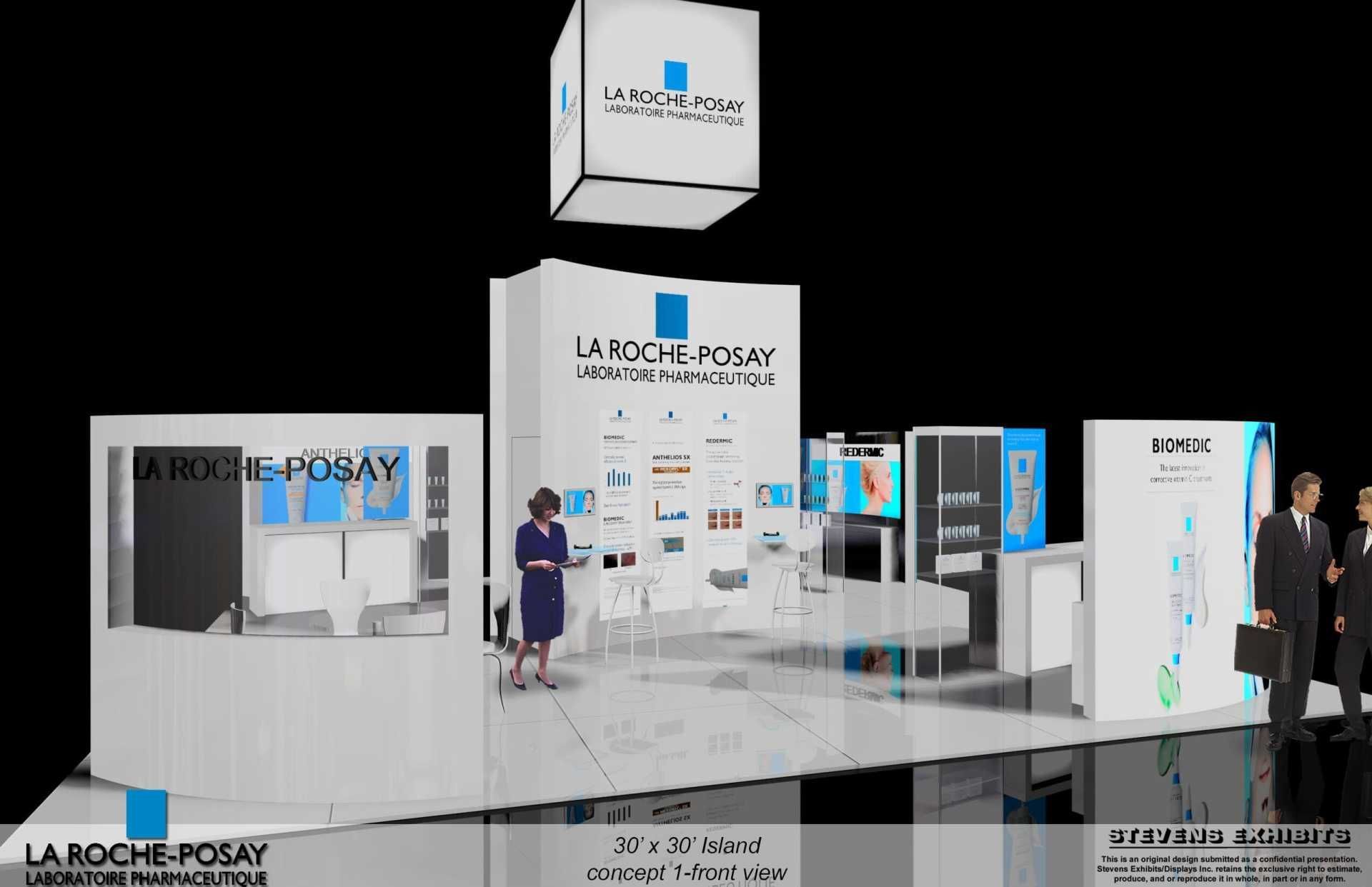 La Roche-Posay trade show booth with products and people. White and blue color scheme, sleek design.