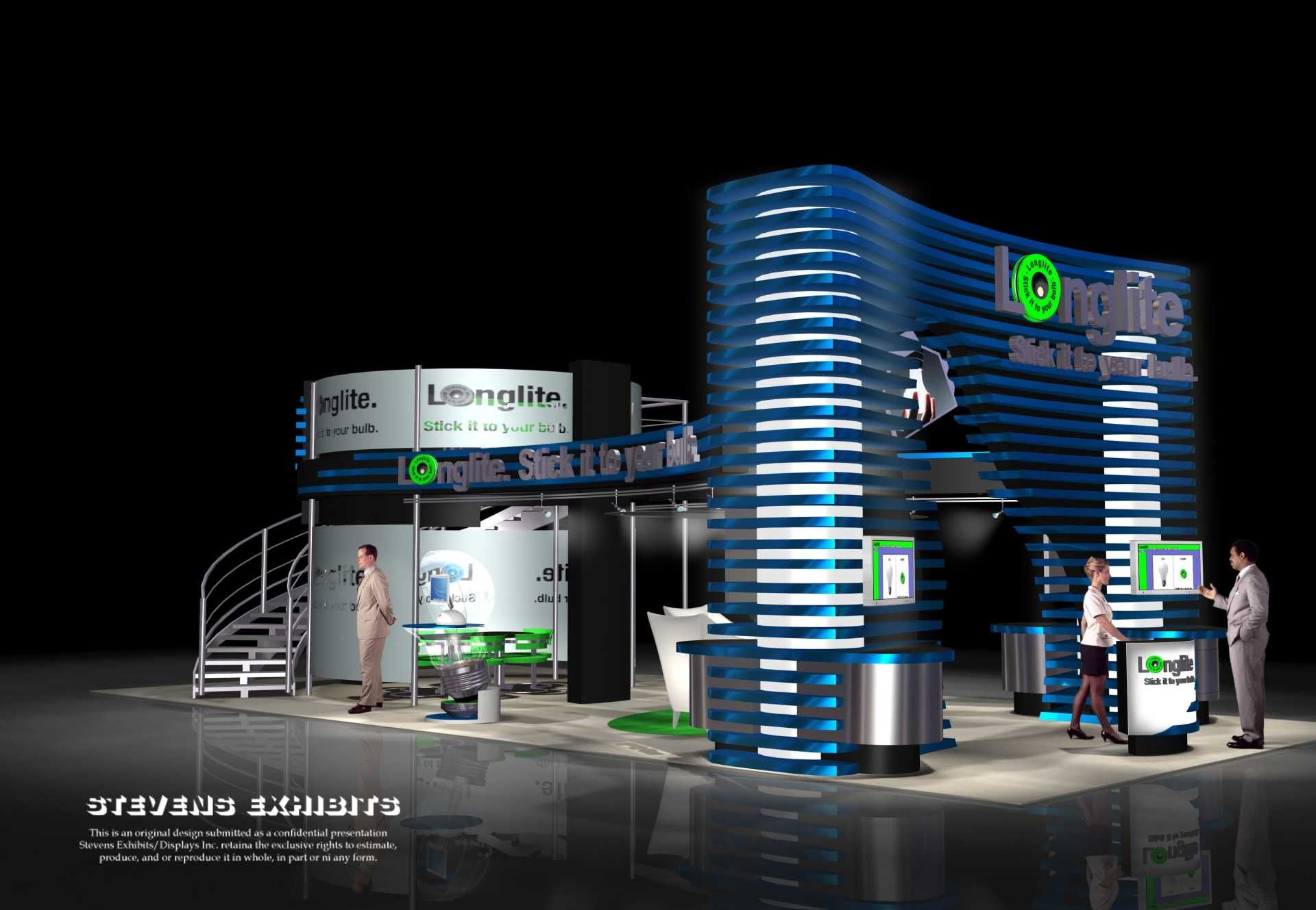Trade show booth for Longlife. Blue and silver design with people interacting with displays.