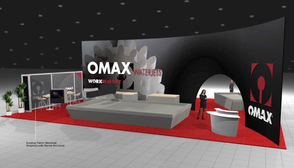 Trade show booth with OMAX logo, red carpet, gray platform, white bar, and people.