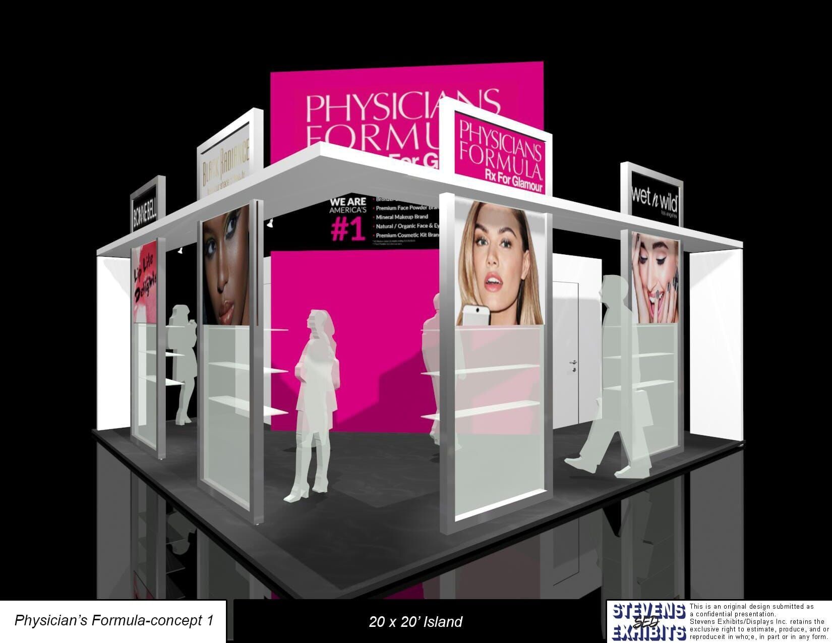 Physician's Formula trade show booth concept. Features product displays, posters of faces against a bright pink backdrop.