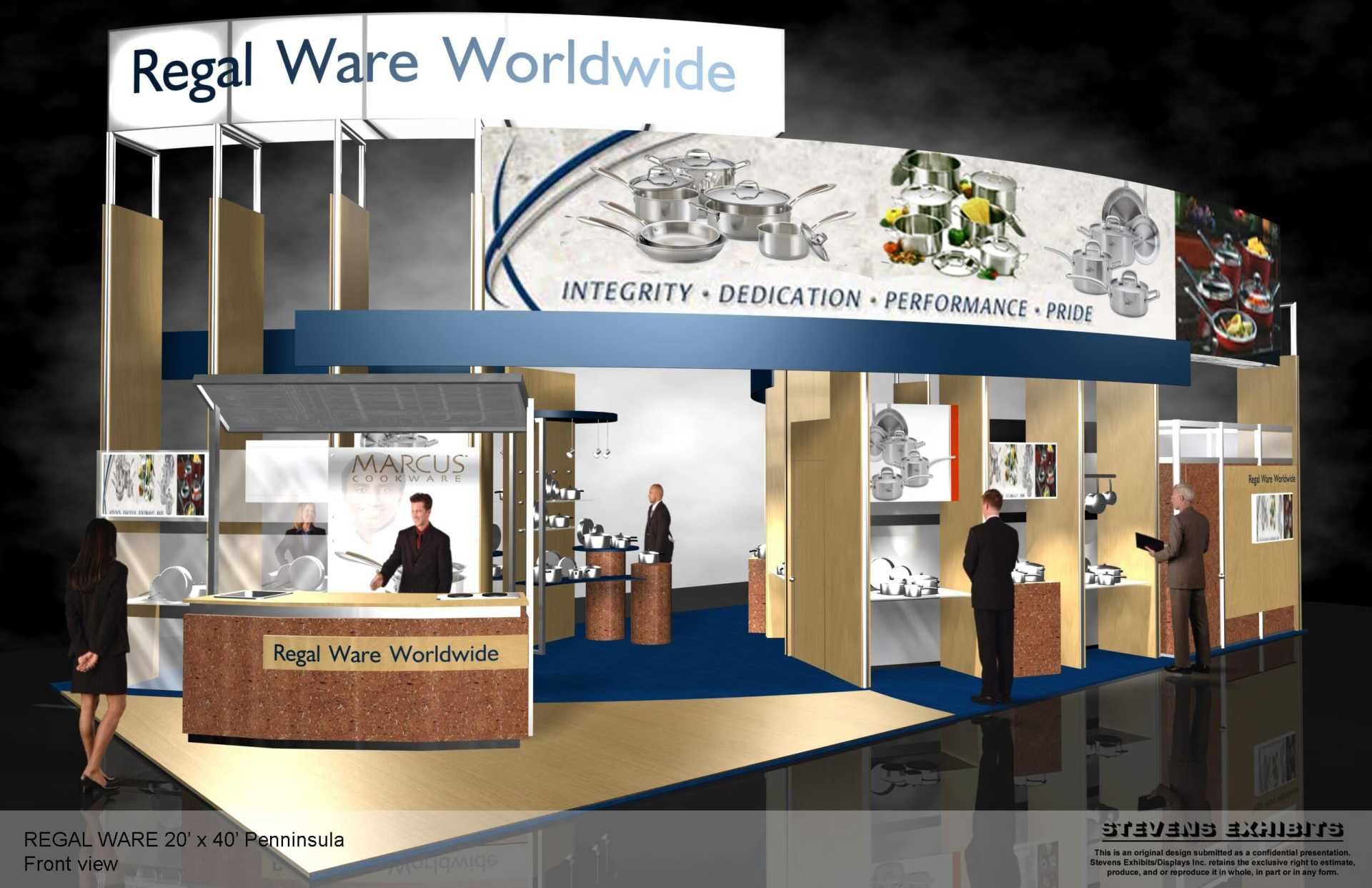 Regal Ware Worldwide trade show booth, featuring cookware displays, personnel, and branding elements.