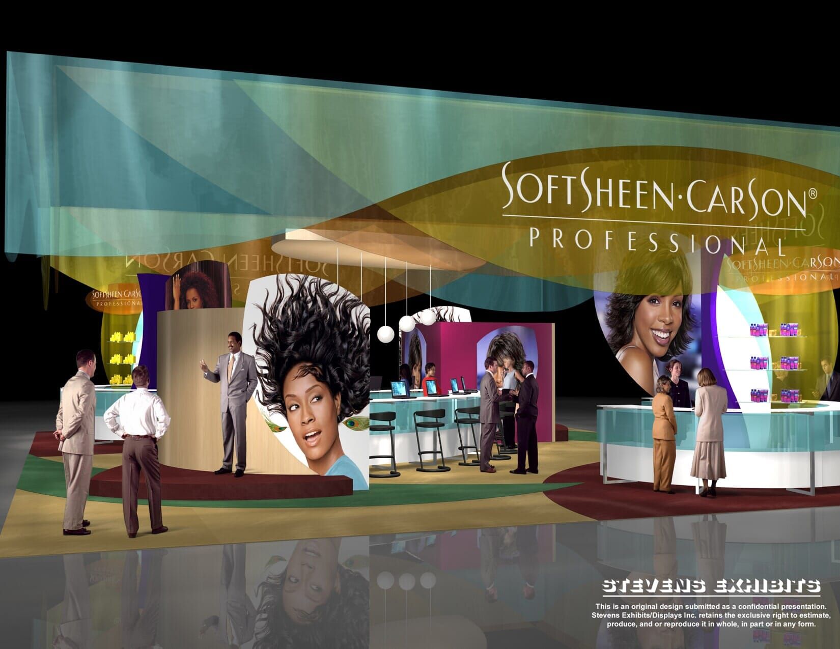 Trade show booth for SoftSheen-Carson Professional. Turquoise and gold display with people interacting.