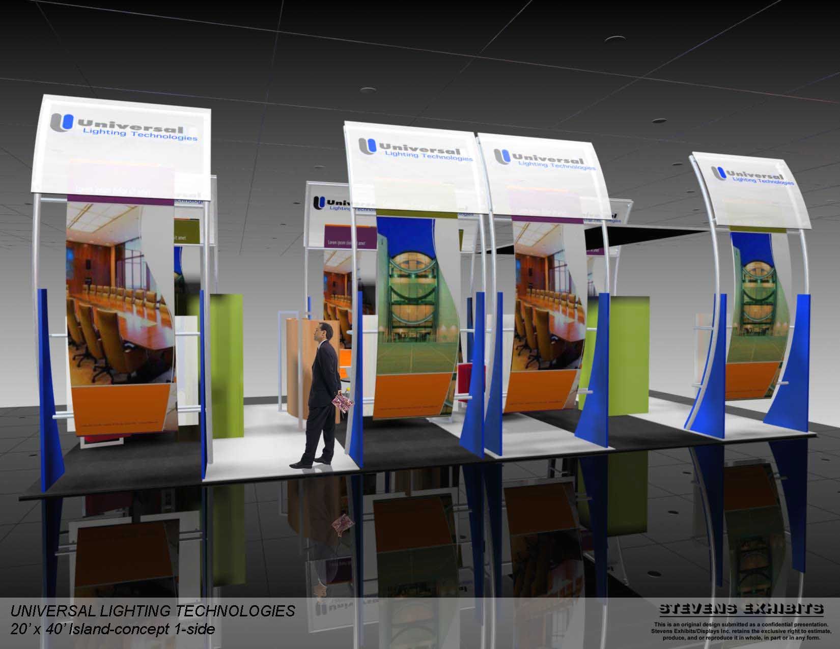 3D rendering of a trade show booth with a person standing. Booths are white, orange, blue, and feature company branding.