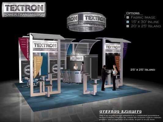 Textron Power Transmission trade show booth with fabric displays, featuring staff and product samples.
