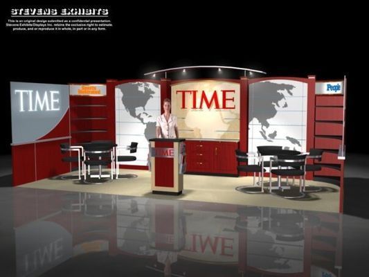 A news set for TIME, featuring a woman standing at a podium. The set is red, with world maps and 