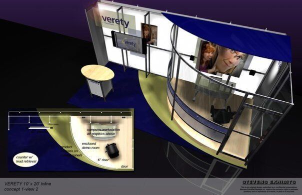 Trade show booth design, blue and white, with curved sections, monitors, and Verity logo.