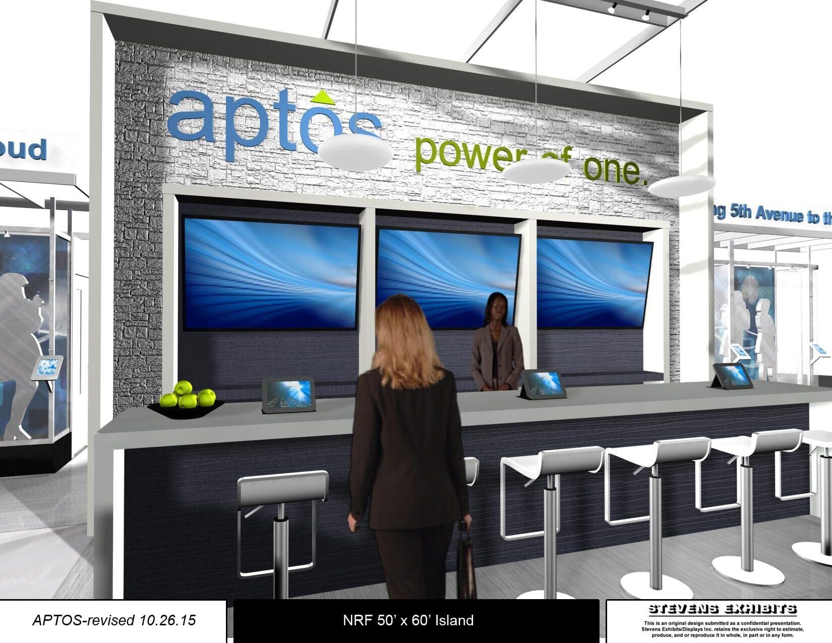 Trade show booth with Aptos branding, people at a counter with stools, and three screens.