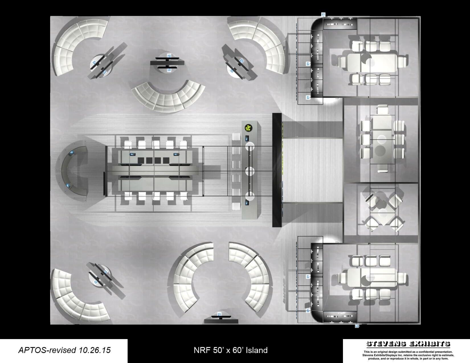 Overhead view of a modern office layout with seating areas, meeting rooms, and a central workstation.