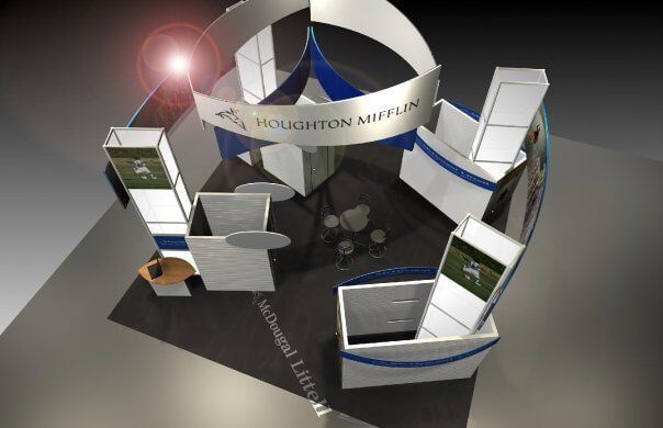 Trade show booth, Houghton Mifflin company display with white and blue panels, and arched signage.
