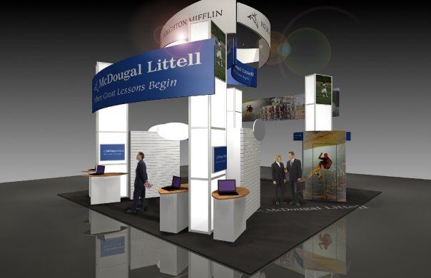 Trade show booth for McDougal Littell; displays books and people. White, blue, and black color scheme.