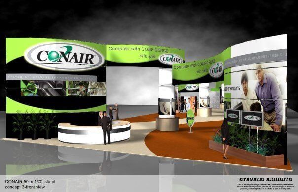 Conair trade show booth with green and black accents, featuring products and people.