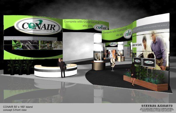 Conair trade show booth design. Green and black with logo. People interacting near displays and reception.