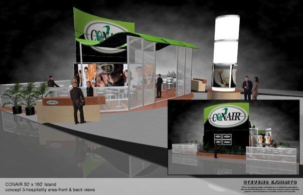3D rendering of a trade show booth for Conair, featuring a reception area, display screens, and a tower.