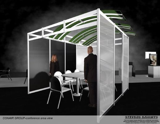 A conference booth design with people, table, chairs, and translucent walls.