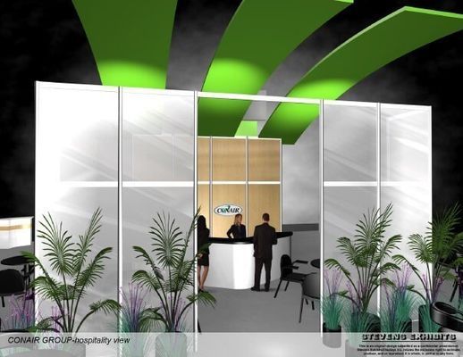 Reception area with white walls, greenery, and people; green accents overhead.
