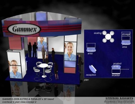 3D rendering of a trade show booth for Gammex, with layout plan showing seating, product display, and storage areas.
