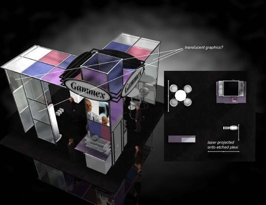 Trade show booth with transparent and colorful graphics, plus spotlight, and etched glass detail.