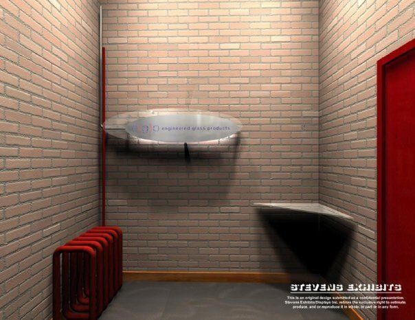 Red-walled room with brick walls. A large metallic oval object is mounted on the wall. A red radiator is on the left.