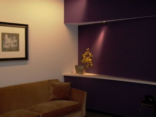 A room with a purple wall, brown couch, a framed picture, and a small plant on a ledge.