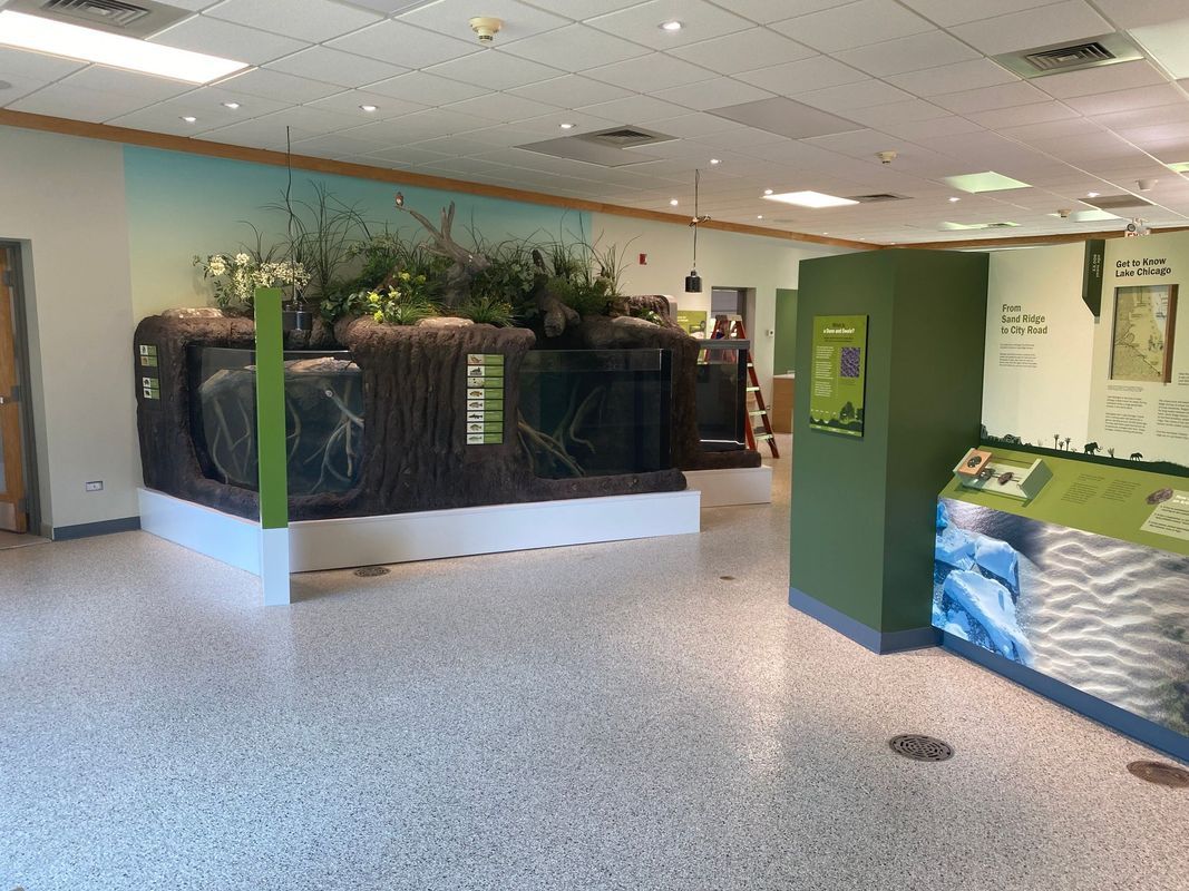 Indoor exhibit hall, display of plants, interpretive signs, and textured walls.