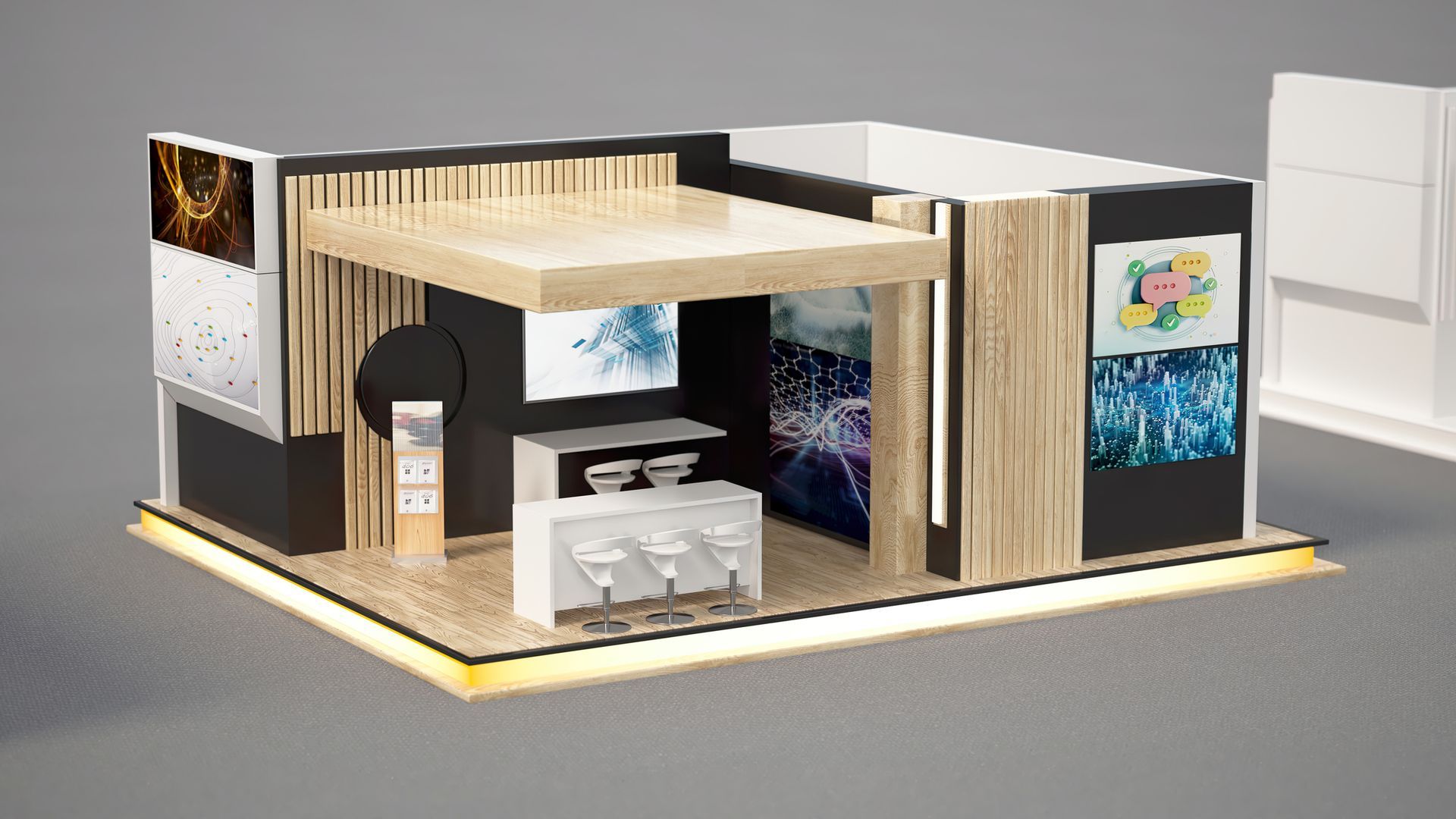 Modern architectural model of a small building with wood slats, display panels, and interior lights on a base platform