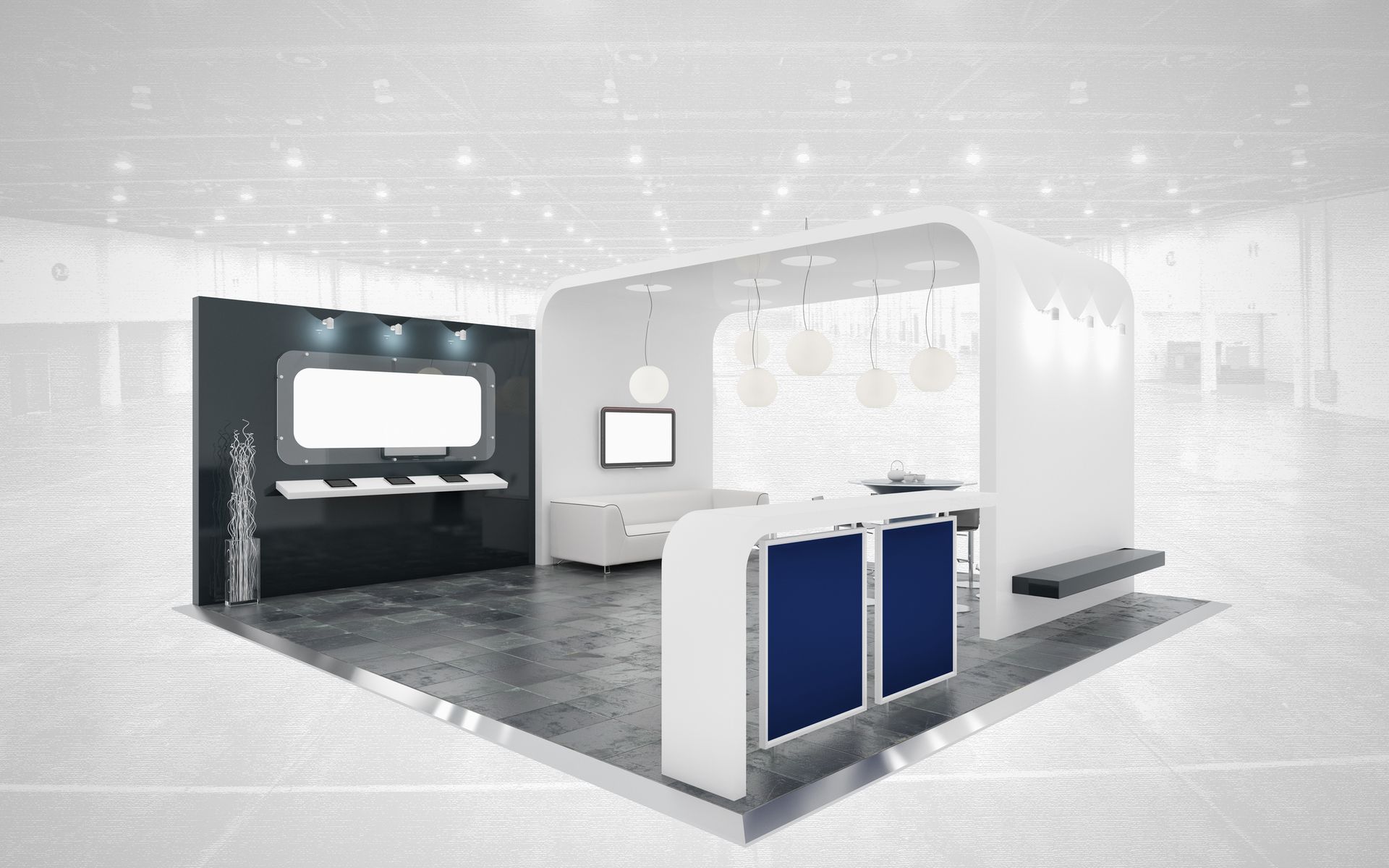Modern white trade show booth with blue accents and multiple screens.