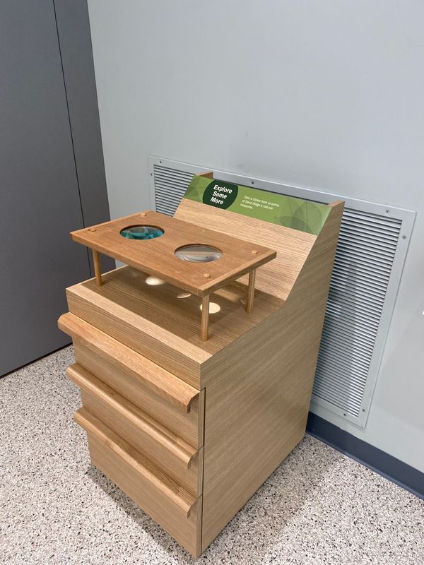 Wooden exhibit with two circular holes, above a stepped structure with drawers. Green label, light-colored walls.
