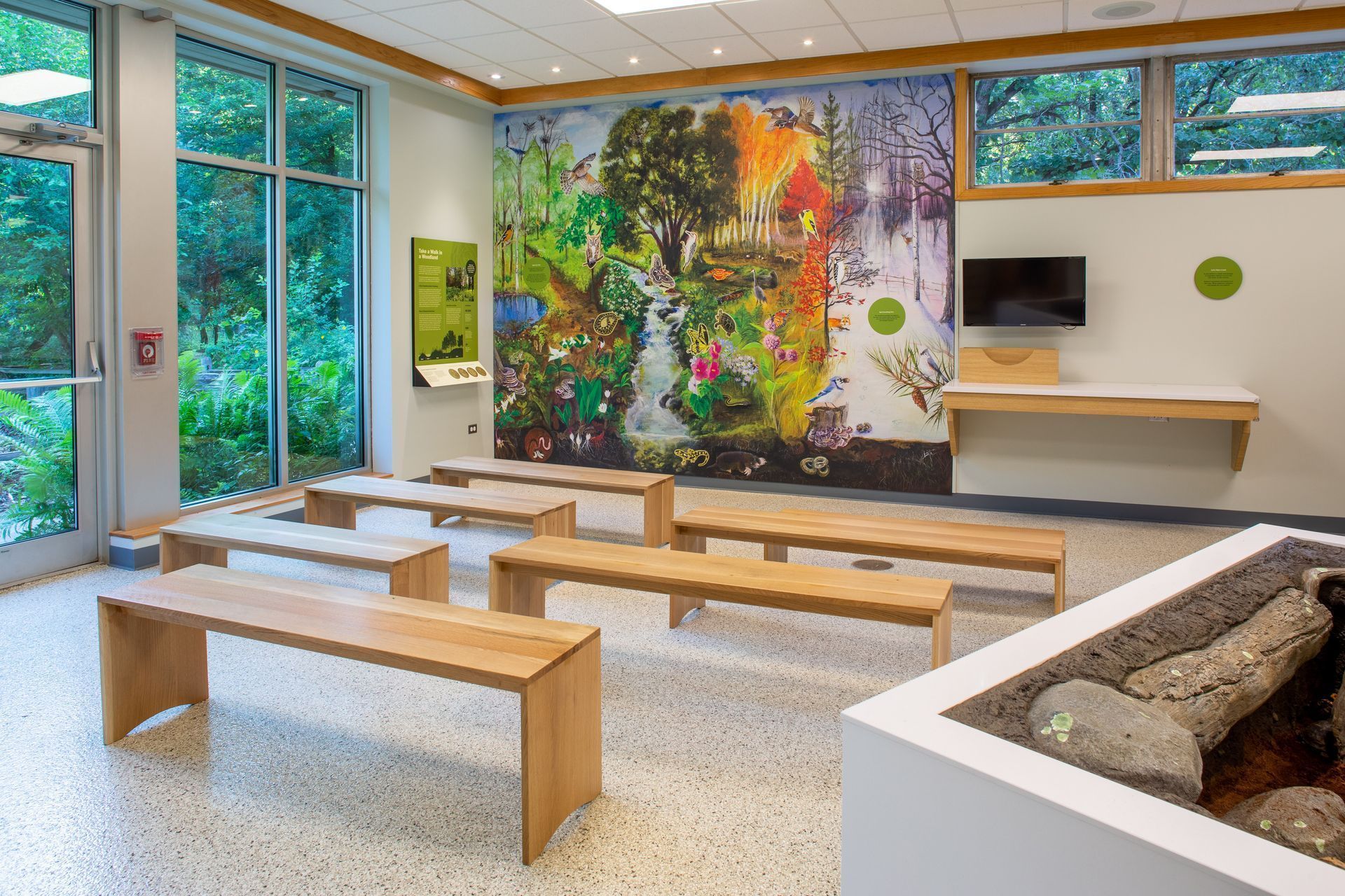 Interior of a brightly lit room with benches, a large mural, and a nature display.