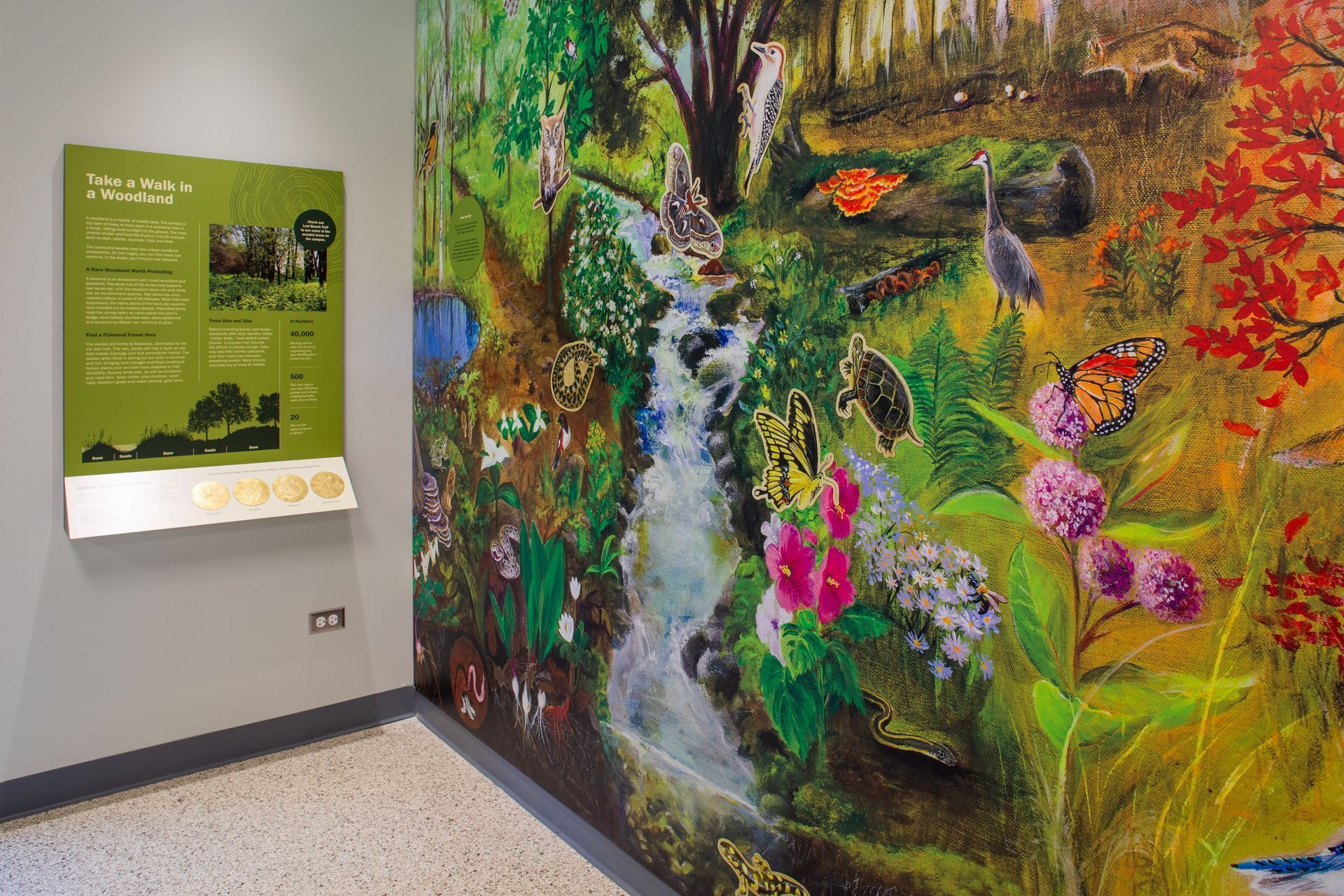 A colorful mural of a forest scene with a waterfall and wildlife, next to a green information panel.