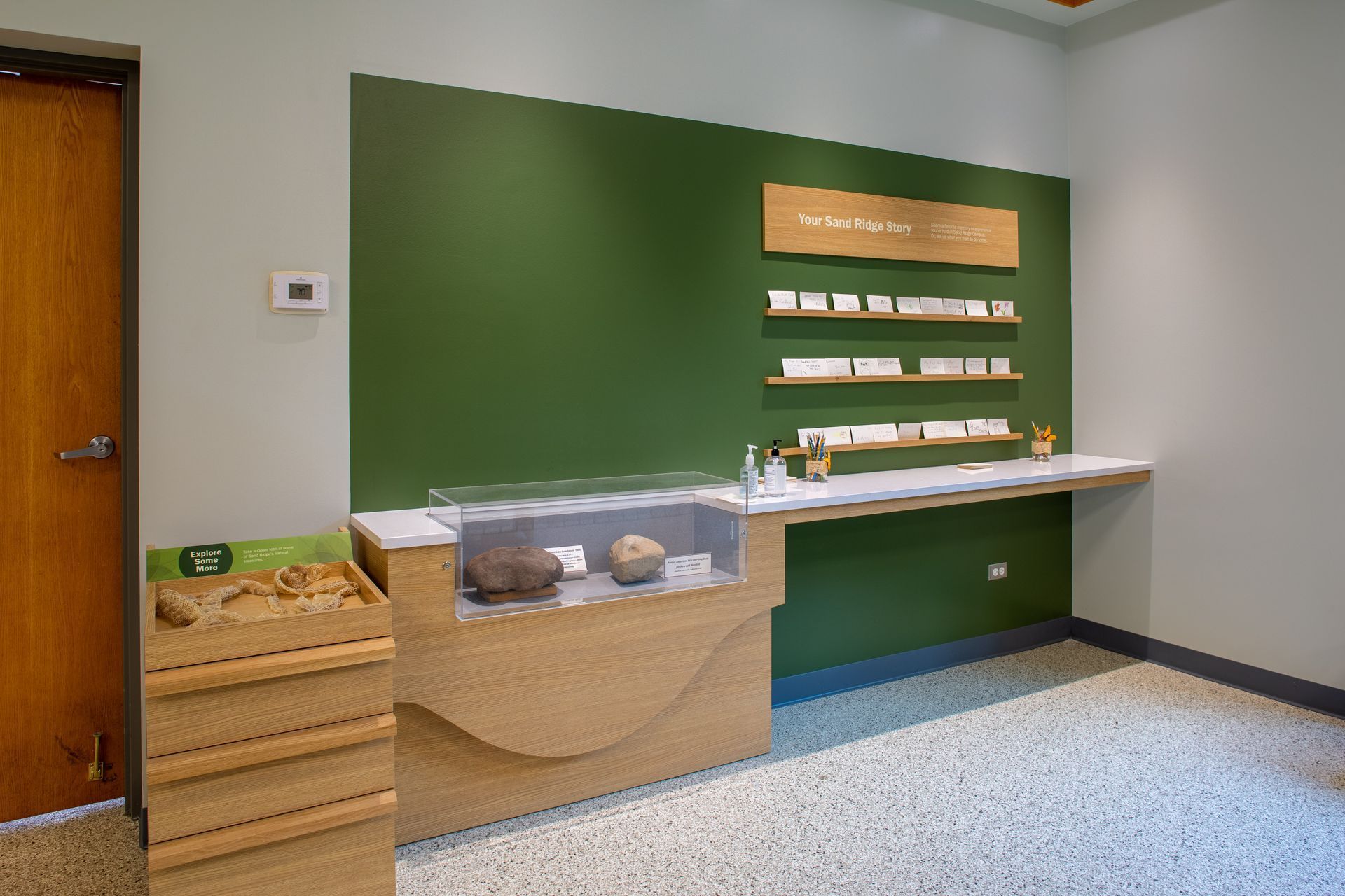 Display case with specimens and informational wall in a museum. Green wall, wooden counter, beige speckled floor.
