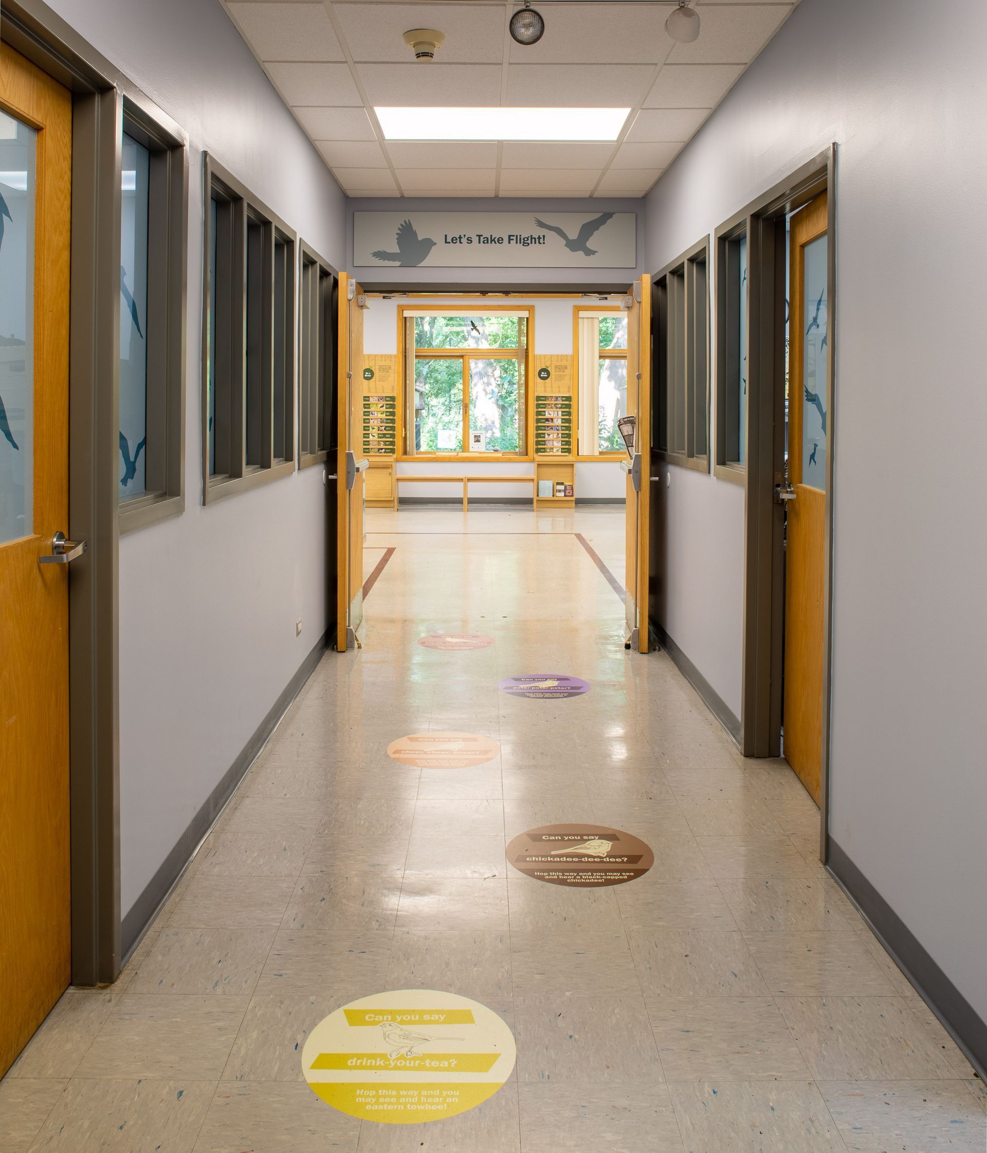 School hallway with doors, windows, and floor markings. Light blue walls, yellow doors, and a bright room at the end.
