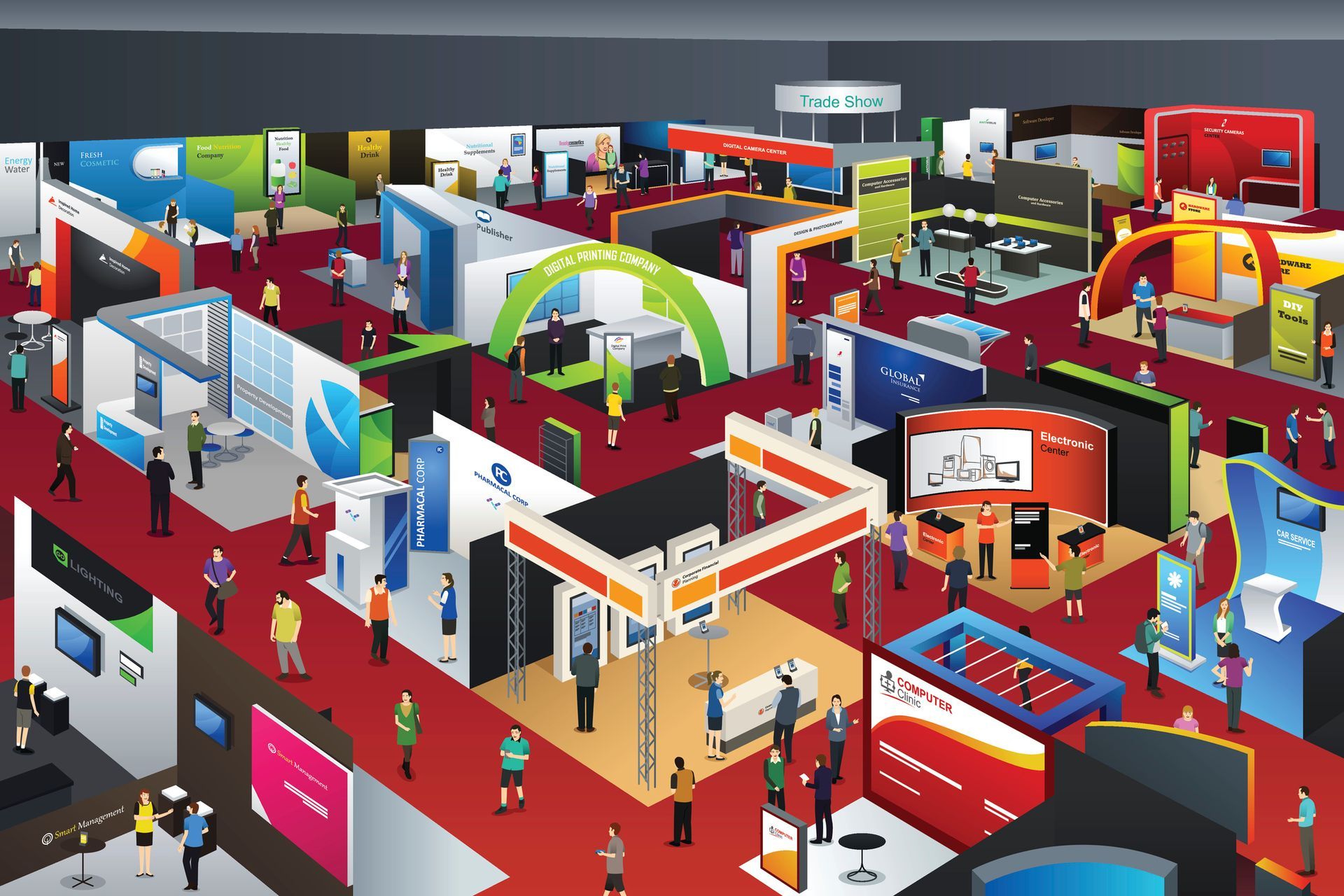 Trade show floor with various booths and attendees.
