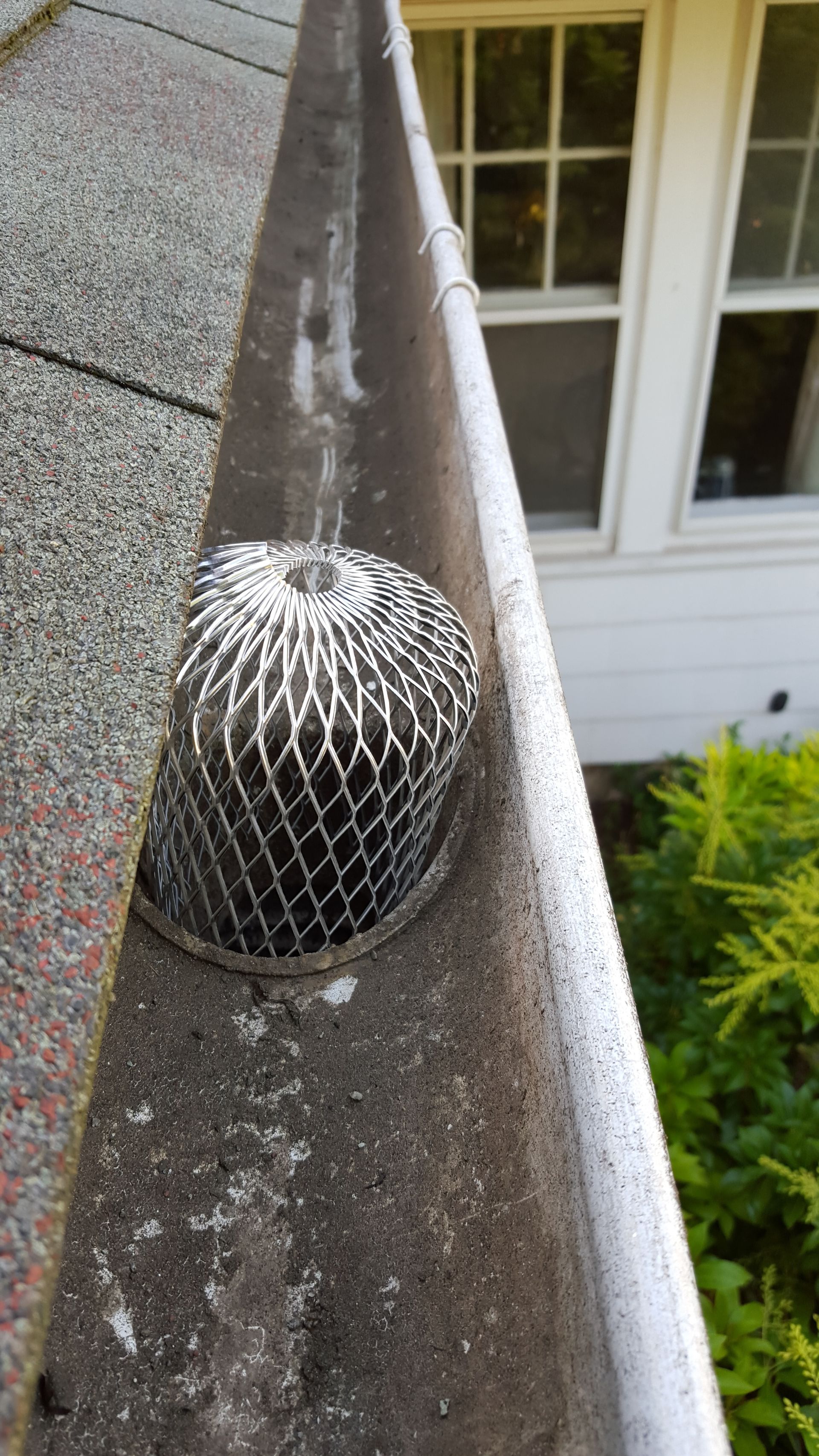 Metal gutter guard on a roof gutter beside a window and white siding