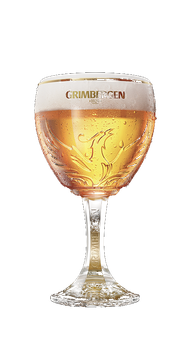 Calice di birra dorata con schiuma, recante il logo