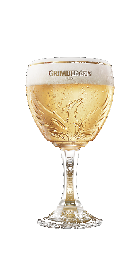Calice di birra Grimbergen, dorato con schiuma spumosa, in vetro decorato con motivo di uccelli in rilievo.