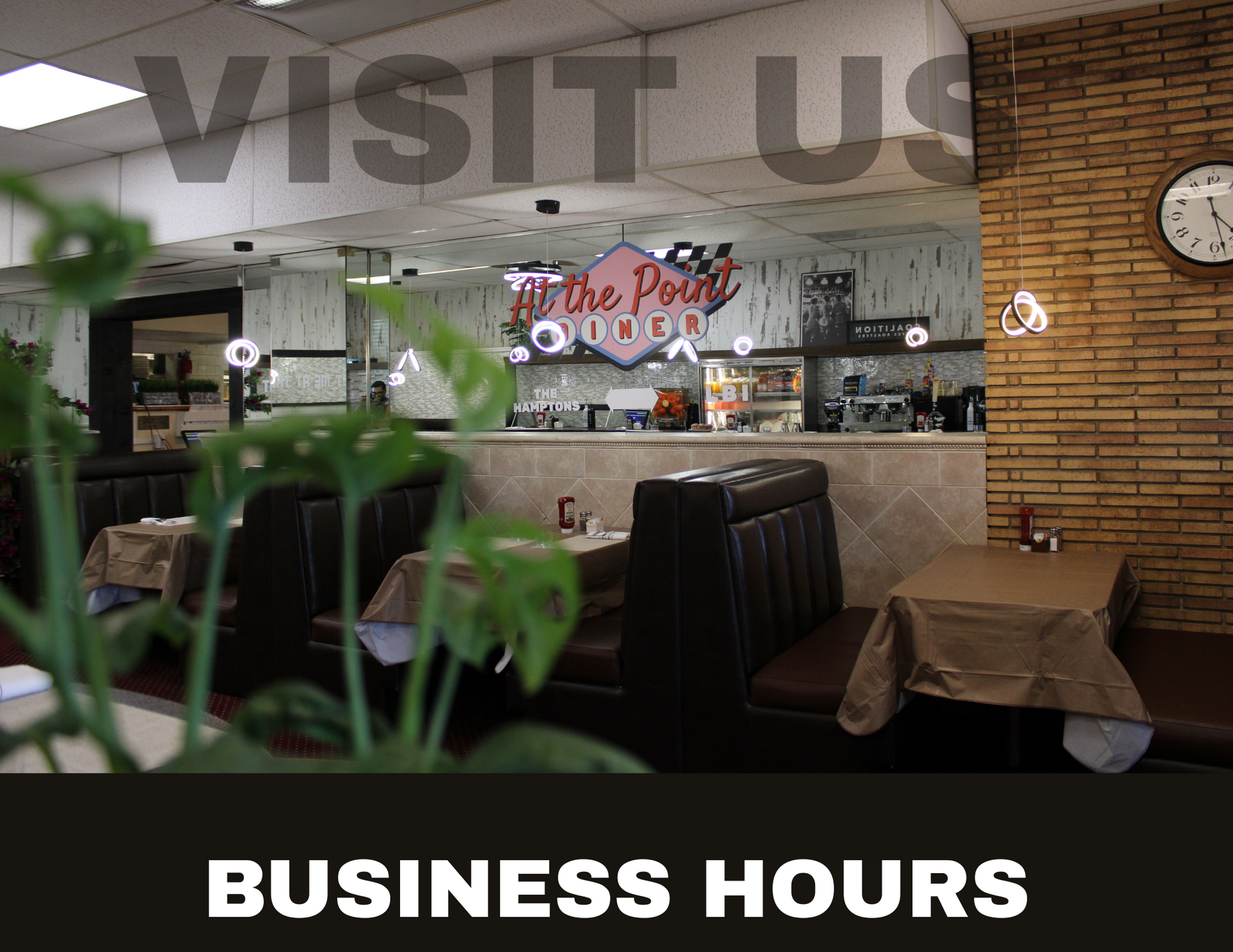 Restaurant interior with booths, counter, brick wall, and clock; text overlay 