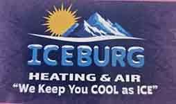 Iceburg Heating & Air logo with sun and snowy mountain, tagline &ldquo;We Keep You Cool as Ice&rdquo;