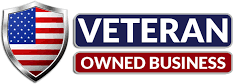 Veteran-owned business logo with a shield and American flag colors