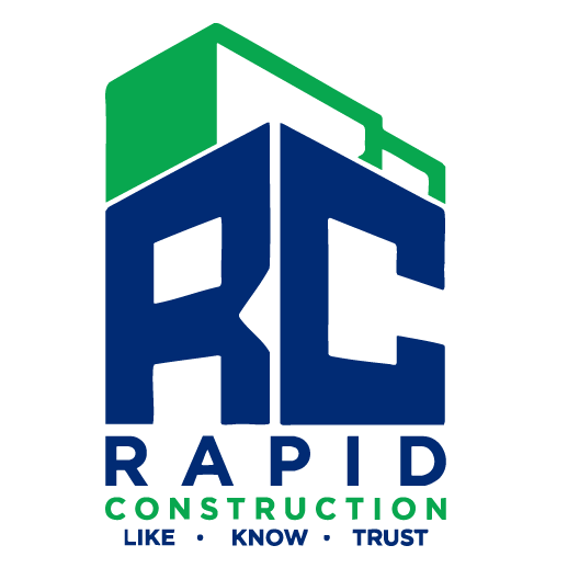 A logo for a construction company called rapid construction management corp.