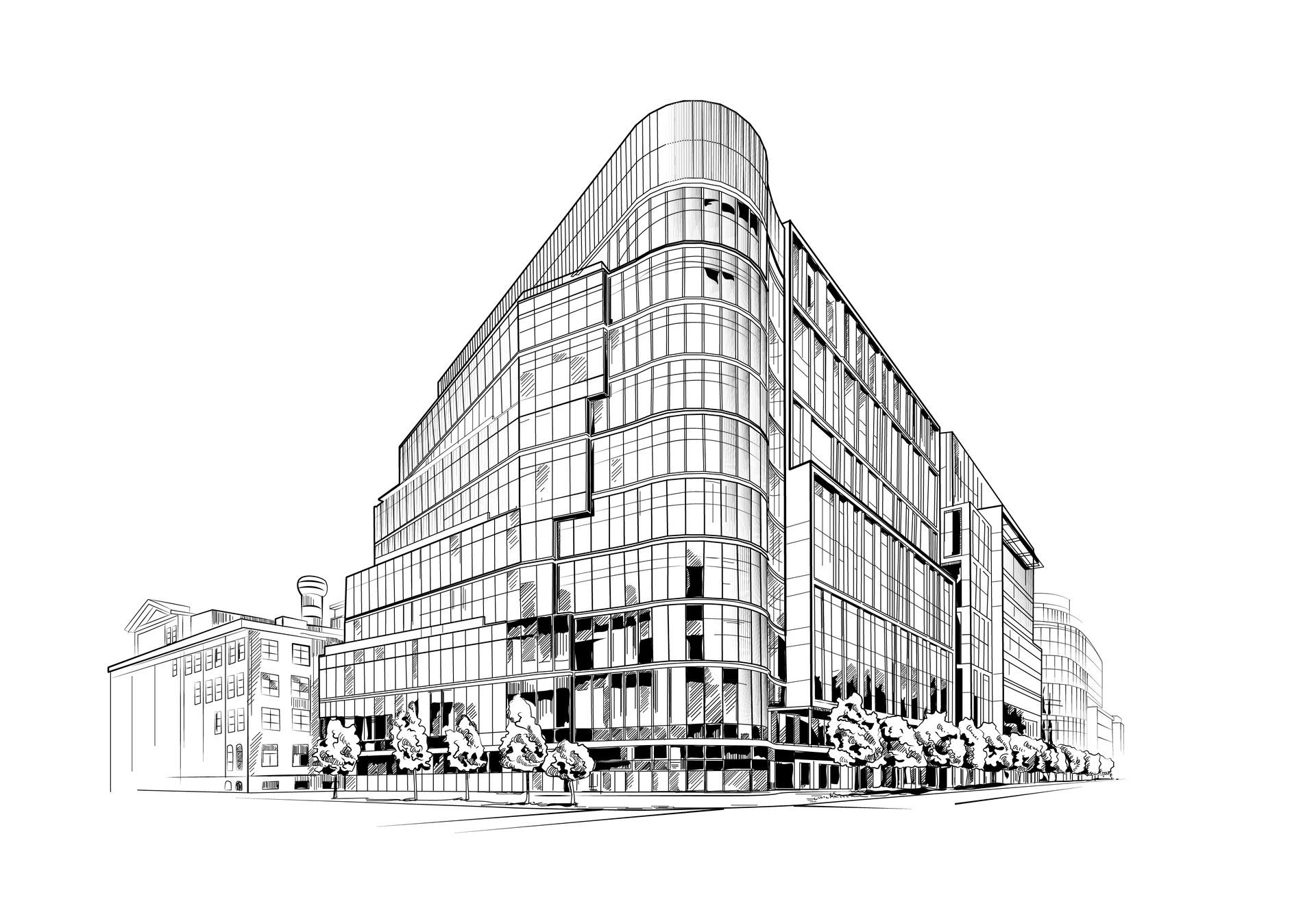 A black and white drawing of a large building on a white background.