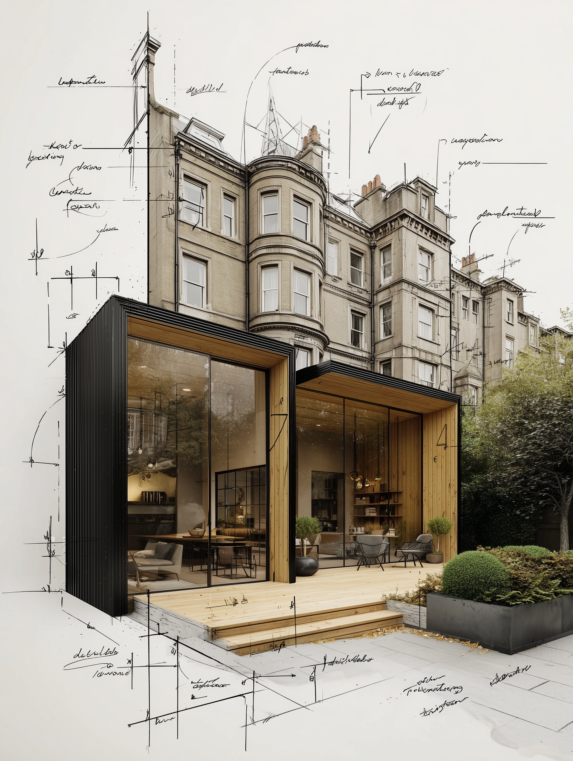 Architectural sketch of a modern glass-fronted café beside a historic townhouse facade