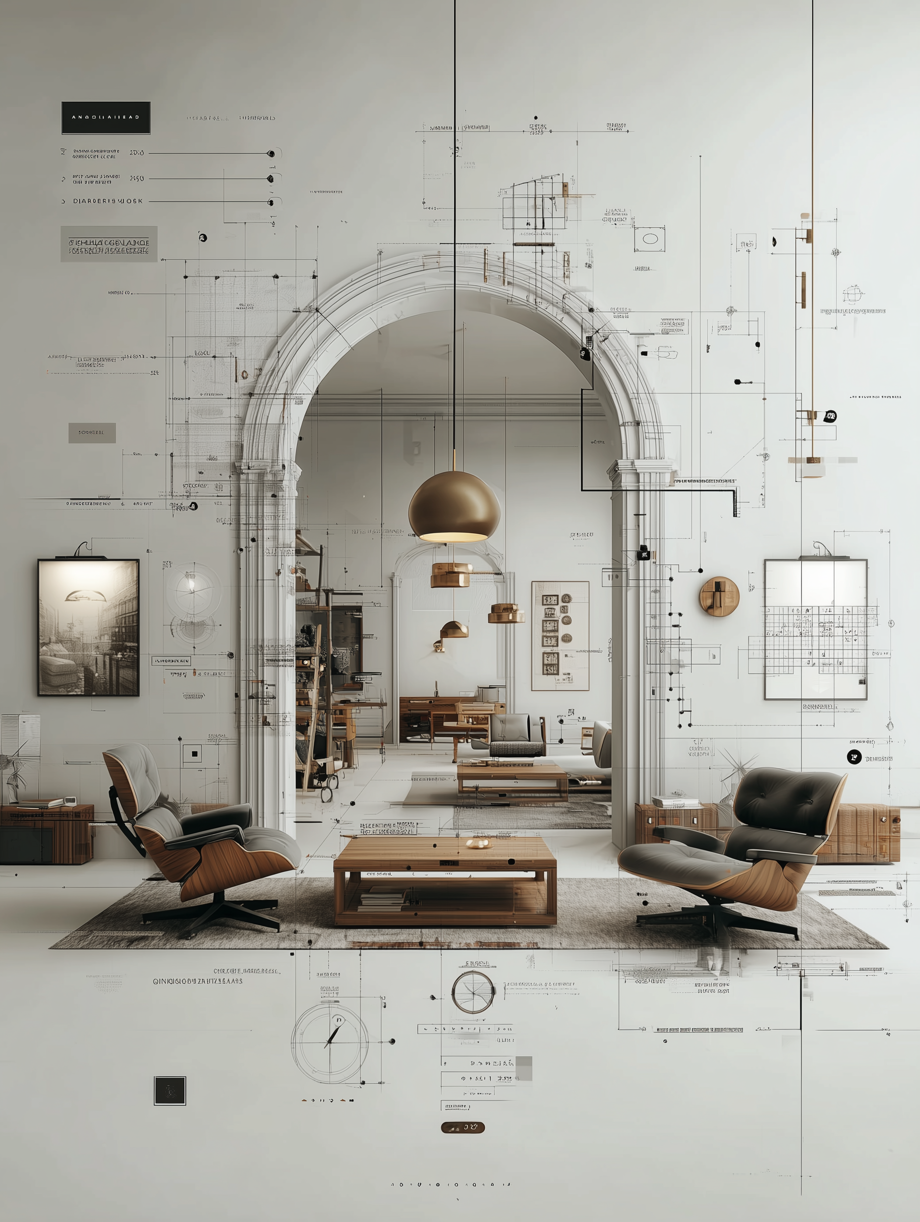 Stylized living room with arched doorway, modern chairs, pendant lamp, and architectural sketch overlays