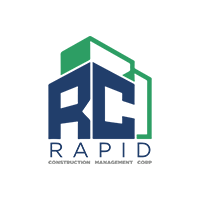 A logo for a construction company called rapid construction management corp.