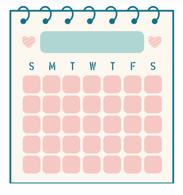 A calendar with pink squares and a heart on it.