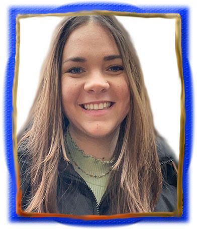 A woman with long hair is smiling in a blue frame.