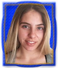 A woman with long blonde hair is smiling in a blue frame.